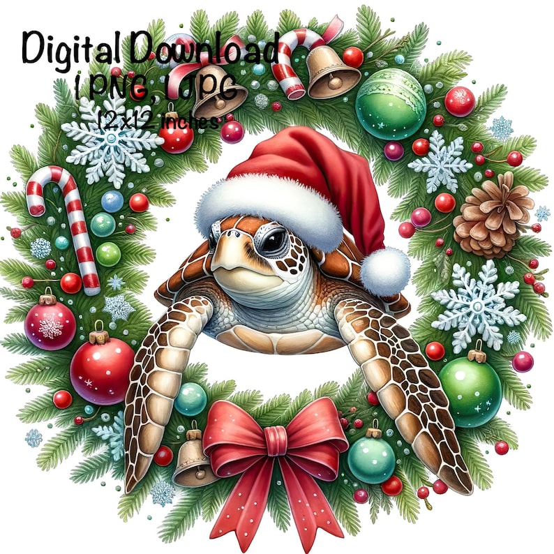 May include: A Christmas wreath with a green pine base, red berries, and a variety of ornaments. A sea turtle wearing a Santa hat is in the centre of the wreath.