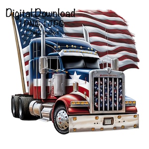 May include: A red, white, and blue semi-truck with a large American flag draped over the cab. The truck has a star on the side and a chrome grill with a smaller American flag design. The truck is on a white background.