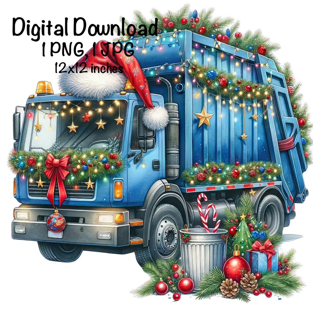 Christmas Recycling Truck Watercolor Blue Garbage Trucks Boys Clipart
