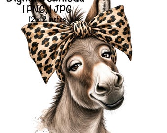 Funny Donkey PNG Leopard Bow Cute Donkey Sublimation Farm PNG Commercial Use Funny Donkey Face Graphic Design Illustration Print Donkey PNG