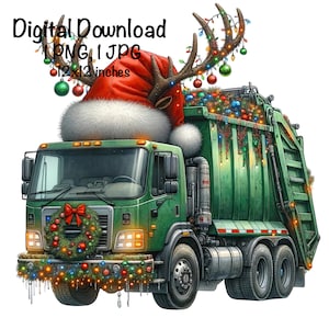 Weihnachten Recycling LKW Aquarell Grün Müll Lastwagen Jungen Clipart Urlaub LKW PNG Kommerzielle Nutzung Fahrzeuge Trash Truck Sublimation png