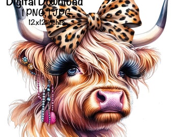Vaca de las Tierras Altas PNG Vaca Divertida Lazo de Leopardo Clipart Linda Vaca de las Tierras Altas Vaca Bebé Divertida PNG Vaca Escocesa Descarga Digital Ilustración de Vaca Imprimir PNG