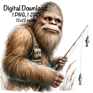 May include: A brown Bigfoot with a bushy beard is holding a fishing rod with two fish on the line. The Bigfoot is wearing a brown vest with a pocket on the front. The background is a white background with some green grass.