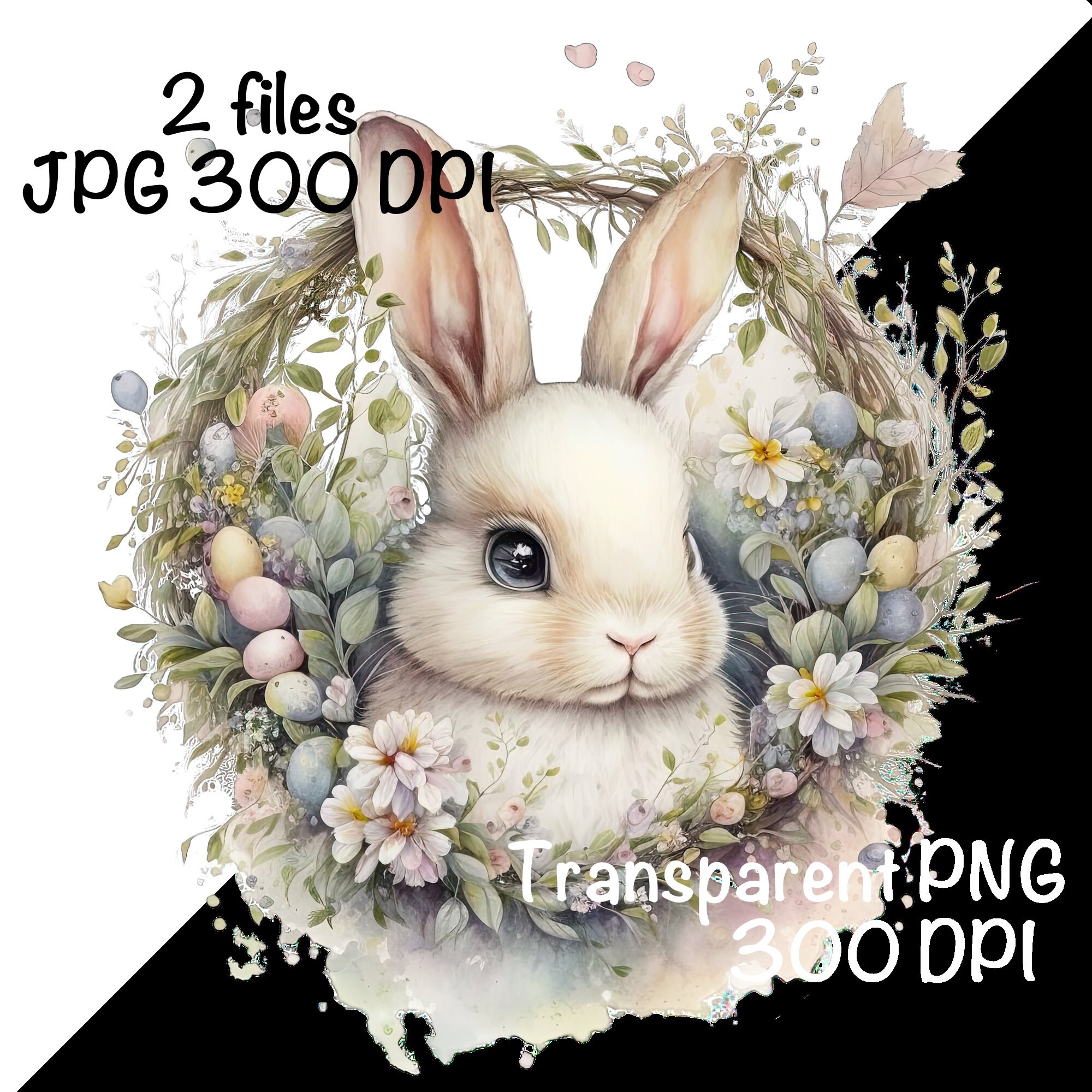 Cute Bunny Watercolor Clipart White Bunny Spring Flower Wreath Farm ...