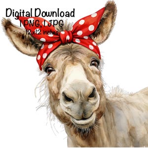 May include: Watercolor illustration of a donkey wearing a red polka dot headband. The donkey has a light brown coat and is smiling. Text in the image reads "Digital Download, PNG, JPG, 12 x 12 inches."