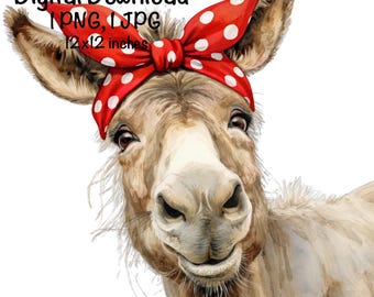 May include: Watercolor illustration of a donkey wearing a red polka dot headband. The donkey has a light brown coat and is smiling. Text in the image reads "Digital Download, PNG, JPG, 12 x 12 inches."