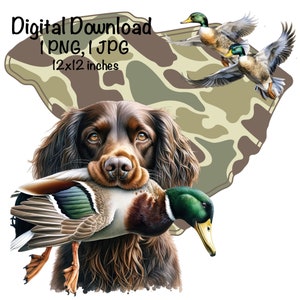 Camo South Carolina Duck-jachthond, png PNGEgg | Boykin-spaniëlhond SC-kaart jachtsublimatie | Wilde eend sublimatie | Camo State-patch, png