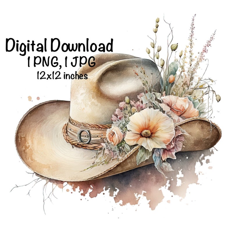 Cowgirl Hat & Flowers Watercolor Country Cowgirl Clipart PNG - Etsy