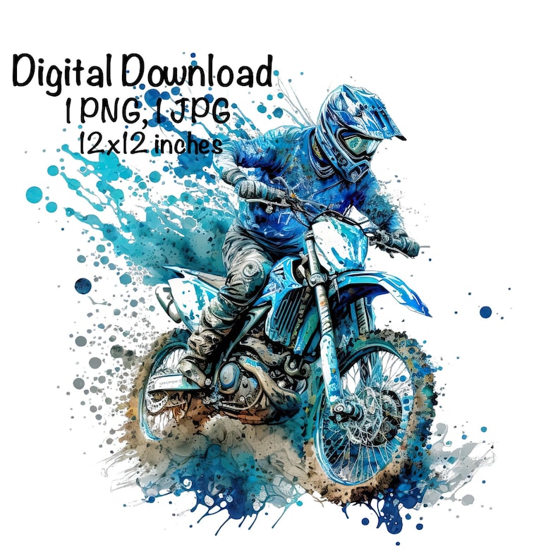 May include: A digital illustration of a motocross rider in blue racing gear, riding a blue dirt bike with a blue and white splash of paint behind them. The image is 12x12 inches.