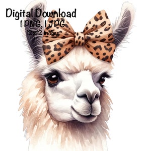 Llama Watercolor Clipart Cute Farm Llama Leopard Bow Baby Llama PNG Commercial Use Highland Llama Graphic Design Illustration Print PNG