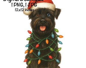 May include: Digital download of a black dog wearing a Santa hat and wrapped in Christmas lights. The dog has one brown eye and one blue eye. The image is 12x12 inches.