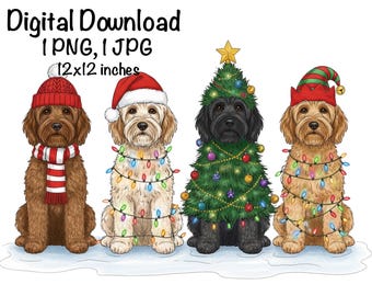 May include: Digital download image featuring four dogs, each adorned in festive holiday attire. One dog wears a red hat and scarf, another a Santa hat, a third is styled as a Christmas tree, and the last wears an elf hat. The image is 12x12 inches.