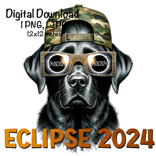 Solar Eclipse Hunting Dog PNG | Labrador Dog & Eclipse Glasses PNG | Hunter Eclipse Sublimation | Camo Hat Eclipse Black Lab | Duck Hunting