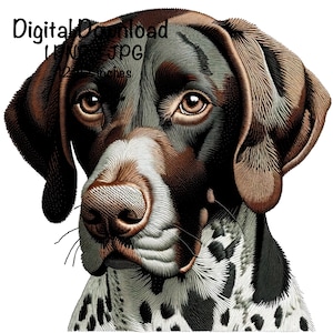 Może przedstawiać: Zbliżenie na brązowo-białego psa rasy gończy polski krótkowłosy z czarnym nosem i brązowymi oczami. Sierść psa jest szczegółowo przedstawiona za pomocą ściegów.