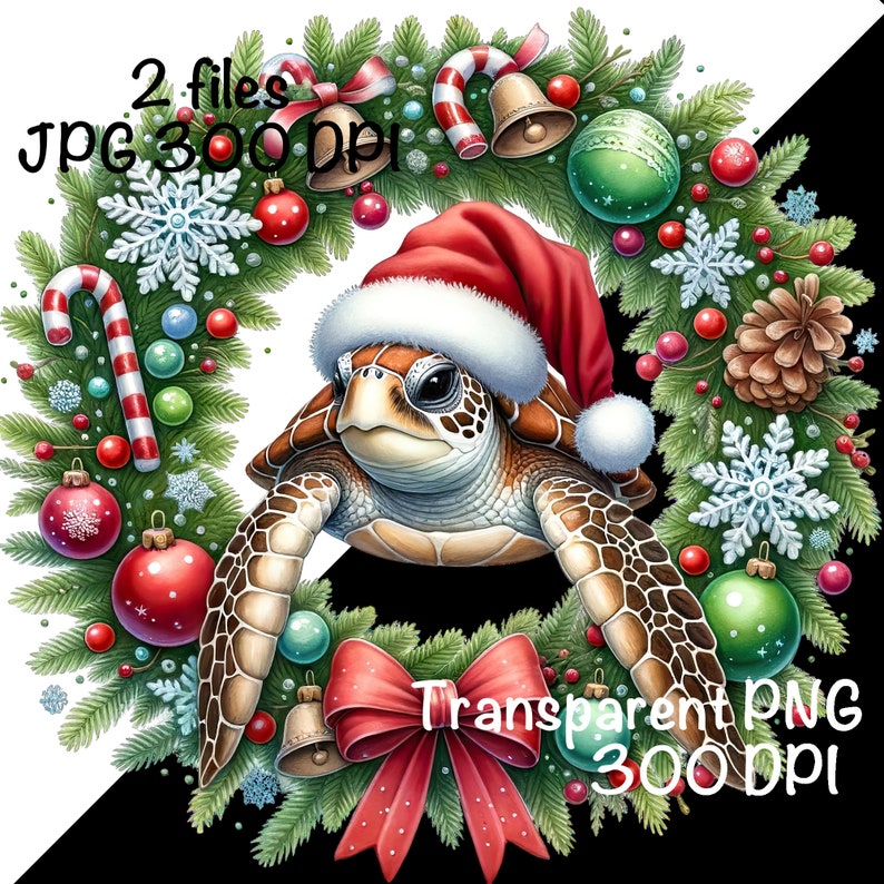 May include: A Christmas wreath featuring a sea turtle wearing a Santa hat. The wreath is adorned with red and green baubles, candy canes, snowflakes, and pine cones.