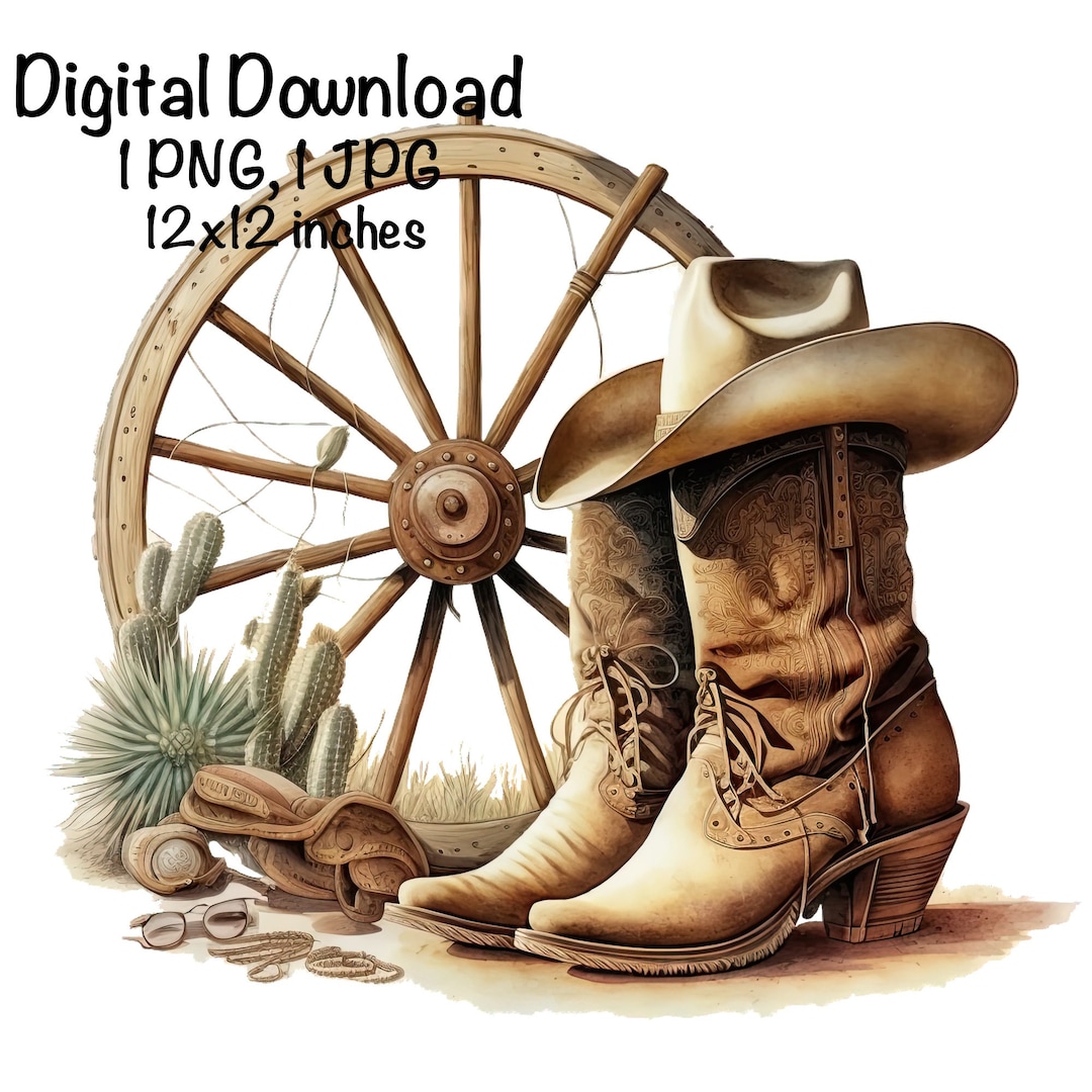 Cowboy Boots Hat Old Wagon Wheel, Country Cowboy Clipart PNG Commercial