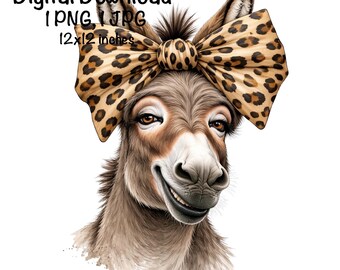 May include: A digital download image of a smiling donkey wearing a leopard print bow. The image includes the text "Digital Download 1 PNG, 1 JPG 12x12 inches."