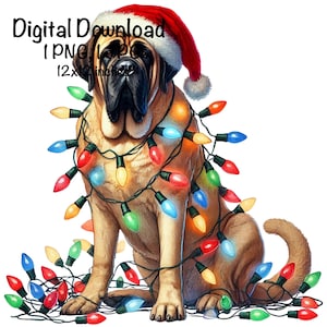 WeihnachtsMastiff Hund PNG, Hund eingewickelt in Weihnachtsbaumlichter Santa Sublimation, Jagdhund, WeihnachtsMastiff PNG, Weihnachtsjagd Geschenk