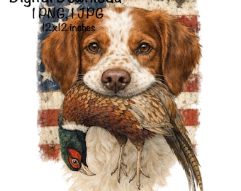 May include: Digital download image of a dog with brown and white fur, holding a pheasant in its mouth. The background features a distressed American flag. The image is 12x12 inches.