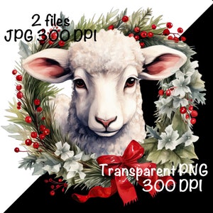May include: A white lamb with brown eyes peeks out from a Christmas wreath decorated with red berries, green pine branches, and white flowers. The wreath is tied with a red bow.