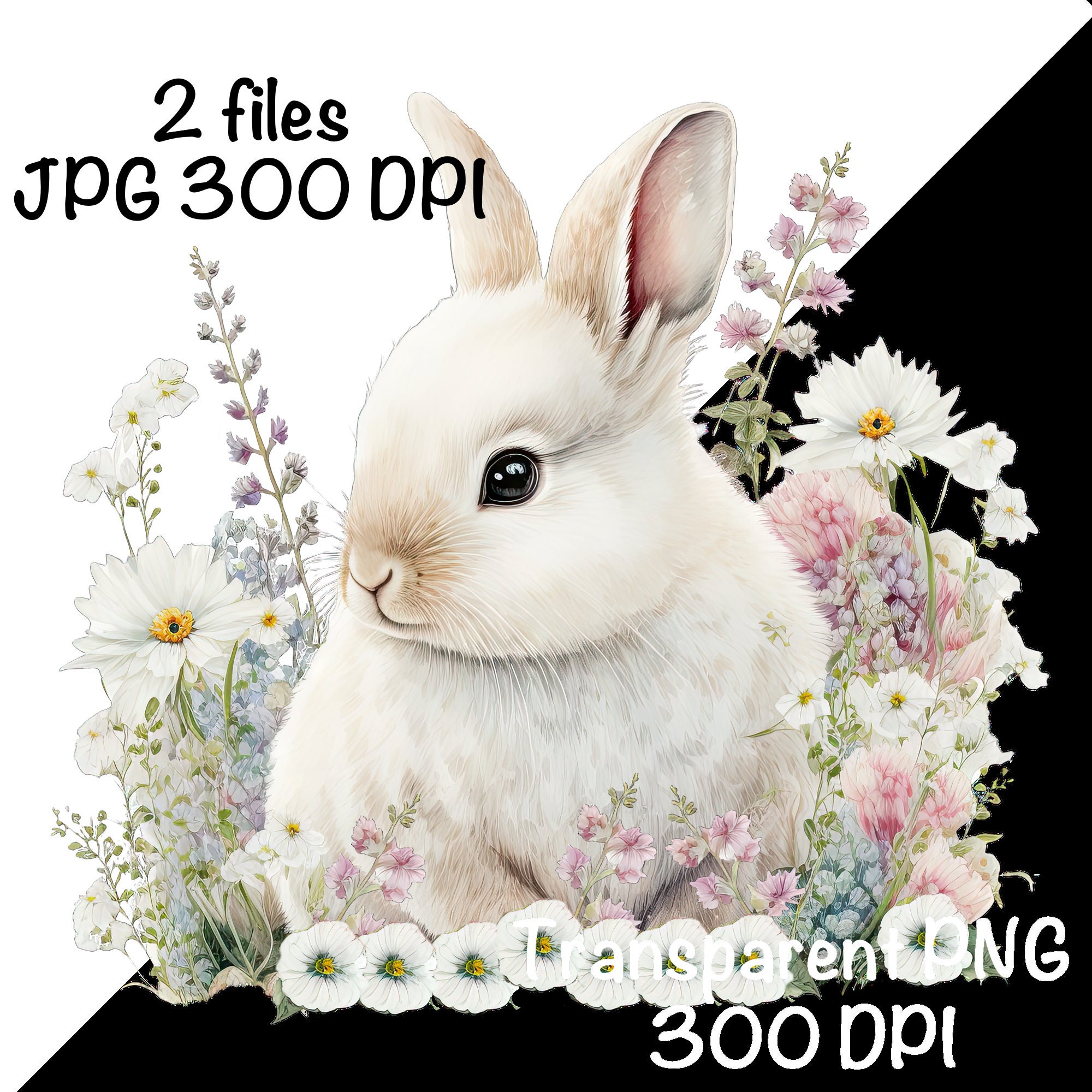 Cute Bunny Watercolor Clipart White Bunny Spring Daisy Flowers Farm ...