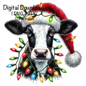 Christmas Cow Sublimation PNG, Christmas Lights Santa Holstein Cow PNG Farm Santa Cow PNG Cute Cow Christmas Gifts Cow Lover Merry Christmas