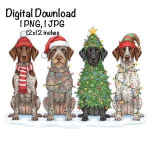 Puede incluir: Imagen de descarga digital con cuatro perros vestidos para Navidad. Uno lleva un gorro de Papá Noel, otro está disfrazado de árbol de Navidad y otros dos llevan gorros y bufandas. La imagen mide 30,48 x 30,48 cm.