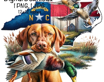 May include: A brown and white Vizsla dog with a green-headed mallard duck in its mouth. The dog is standing in front of a watercolour painting of a North Carolina state flag with a cabin and a pond in the background.