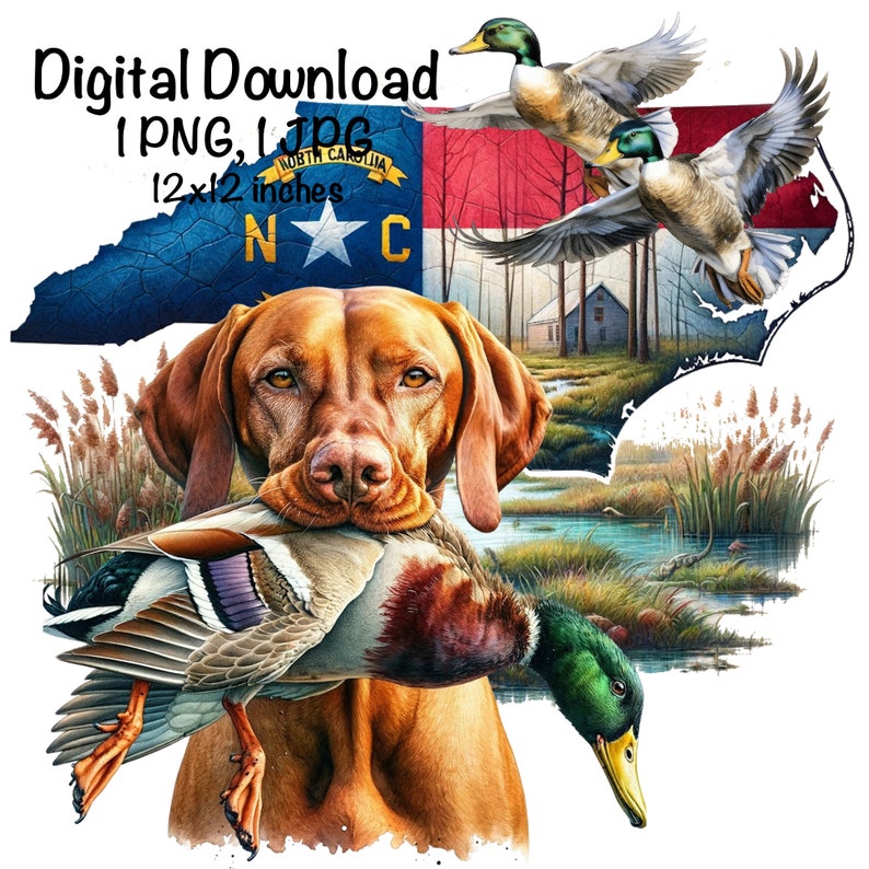 May include: A brown and white Vizsla dog with a green-headed mallard duck in its mouth. The dog is standing in front of a watercolour painting of a North Carolina state flag with a cabin and a pond in the background.