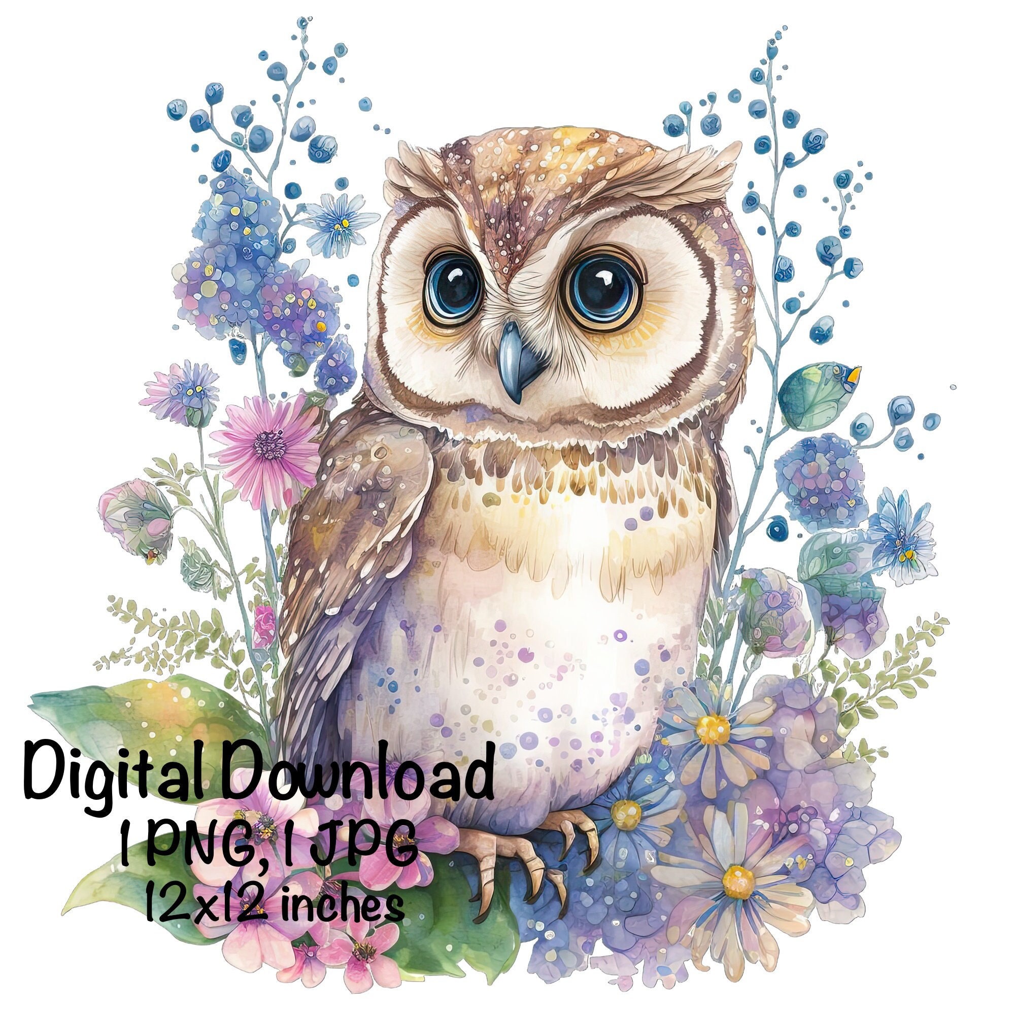 Owl Watercolor Clipart Night Owl Flowers Sparkling PNG Commercial Use Owl Graphic Design Illustratio