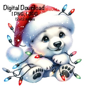 Christmas Lights Polar Bear Cub Watercolor Clipart Cute Xmas Bear PNG Cute White Polar Bear Sublimation Winter Bear Merry Christmas Print