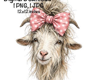 May include: A watercolor illustration of a goat wearing a pink bow with white polka dots. The goat has light brown fur and small horns. Text at the top reads "Digital Download 1 PNG, 1 JPG 12x12 inches."