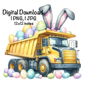 Könnte beinhalten: Ein gelber Kipplaster mit Hasenohren und einer rosa Schleife oben. Die Ladefläche des Lasters ist mit bunten Ostereiern gefüllt. Der Laster steht vor einem weißen Hintergrund.