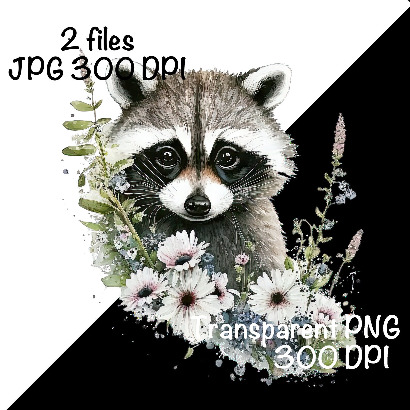 Cute Racoon Watercolor Clipart Racoon Spring Daisy Flowers PNG ...