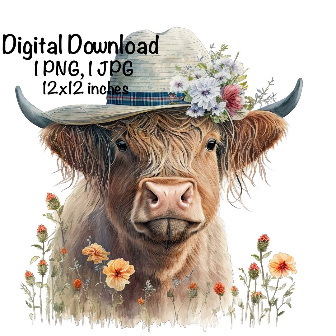 Highland Cow Watercolor Clipart Highland Cow Sun Hat Spring Flowers PNG ...