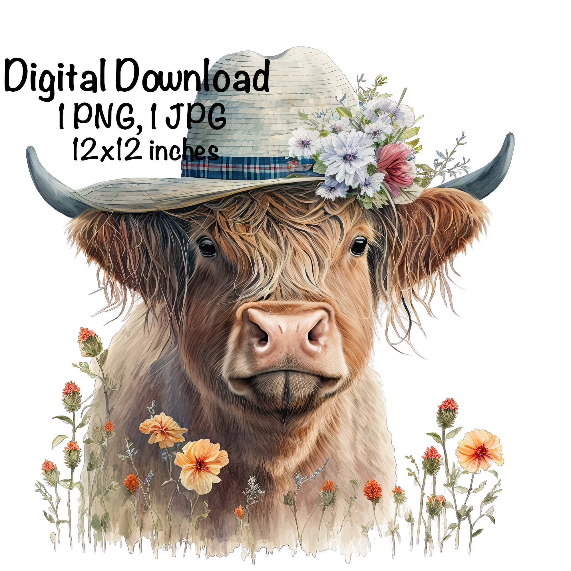 Highland Cow Watercolor Clipart Highland Cow Sun Hat Spring Flowers PNG ...