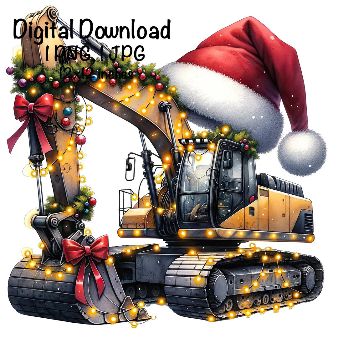 Merry Christmas Excavator PNG Watercolor Construction Truck Boys