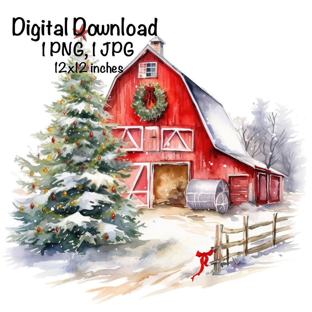 Christmas Old Barn Watercolor Farm Barn Winter Snow Clipart Wall Art