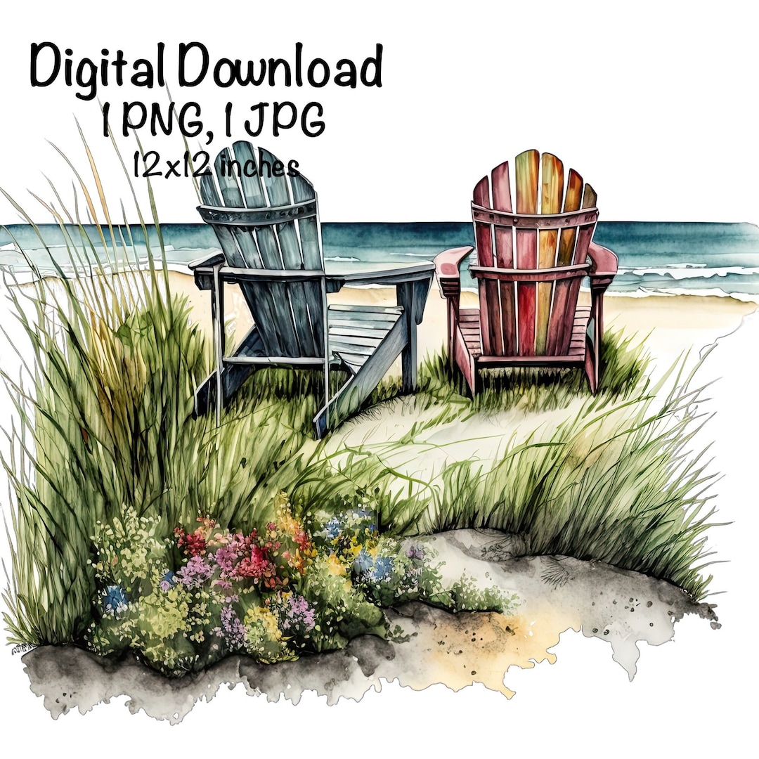 Beach Chairs Watercolor Sea Ocean Adirondack Chairs Clipart Wall Art ...