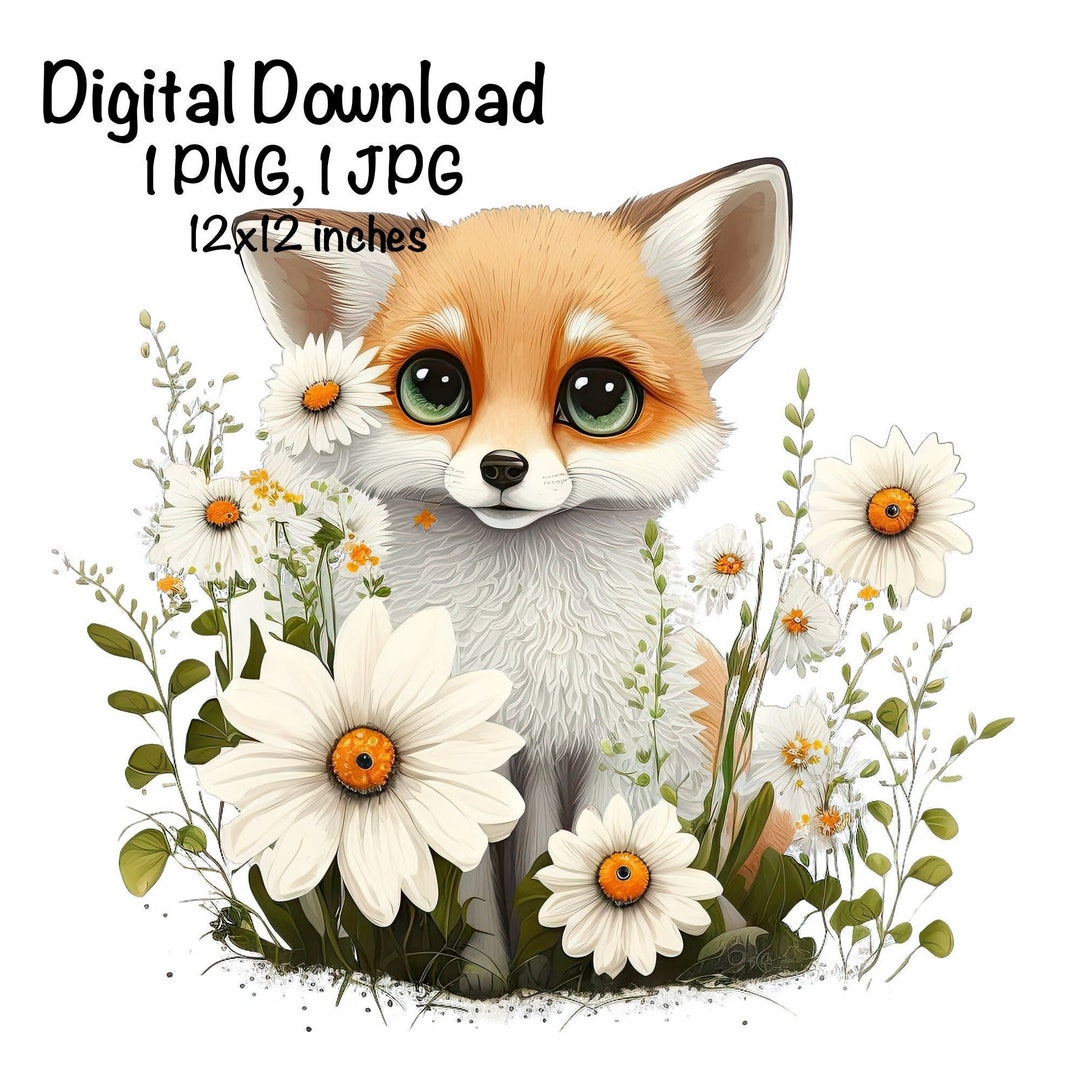 Fox, Cute Fox Clipart, Forest Animals Fox PNG, Fox and Daisy Flowers