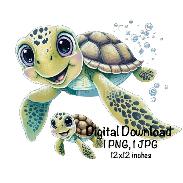 Mom & Baby Sea Turtle Clipart Cute Sea Turtle PNG High Quality Crafting Digital Planner Watercolor Commercial License Ocean Digital Download