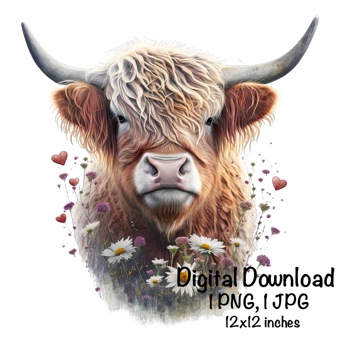 Highland Cow Watercolor Clipart Highland Cow Spring Daisy Flowers ...
