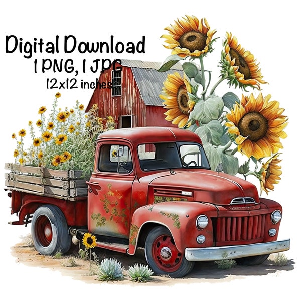 Rustic Red Farm Truck Barn Sunflowers Rustic Truck Country Farm Sublimation Design Old Farm Truck PNG Commercial Use Clipart Farmer Barnyard