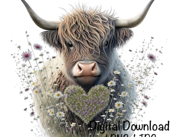 Highland Cow Watercolor Clipart Highland Cow Spring Daisy Flowers Heart PNG Commercial Use Scottish Cow Graphic Design Illustration Print