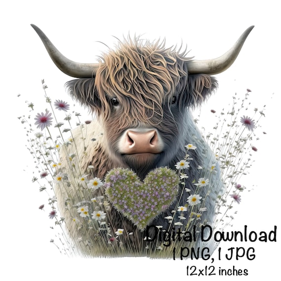Highland Cow Watercolor Clipart Highland Cow Spring Daisy Flowers Heart PNG Commercial Use Scottish Cow Graphic Design Illustration Print