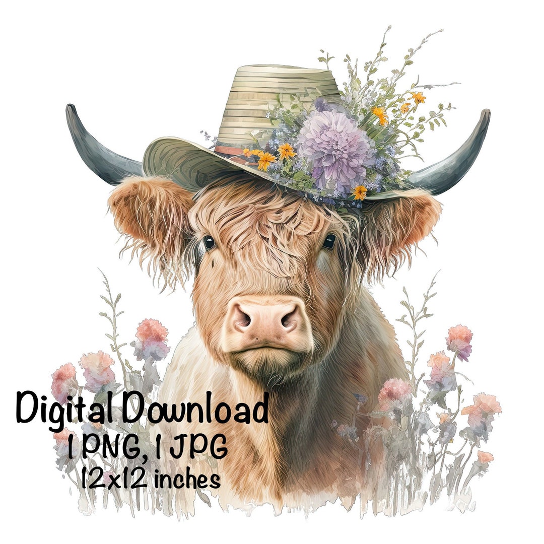 Highland Cow Watercolor Clipart Highland Cow Sun Hat Spring Flowers PNG ...
