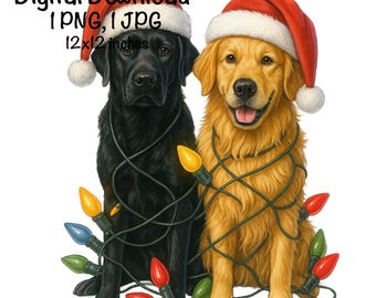 May include: Digital download image of a black Labrador and a golden retriever wearing Santa hats and wrapped in Christmas lights. The image is 12x12 inches and includes 1 PNG and 1 JPG file.