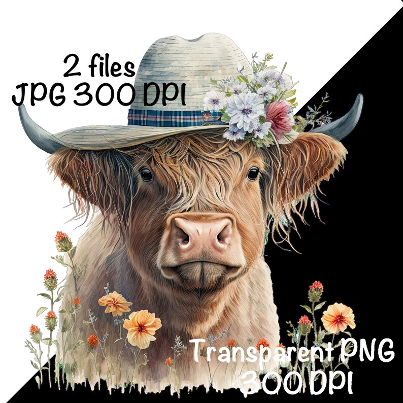 Highland Cow Watercolor Clipart Highland Cow Sun Hat Spring Flowers PNG ...