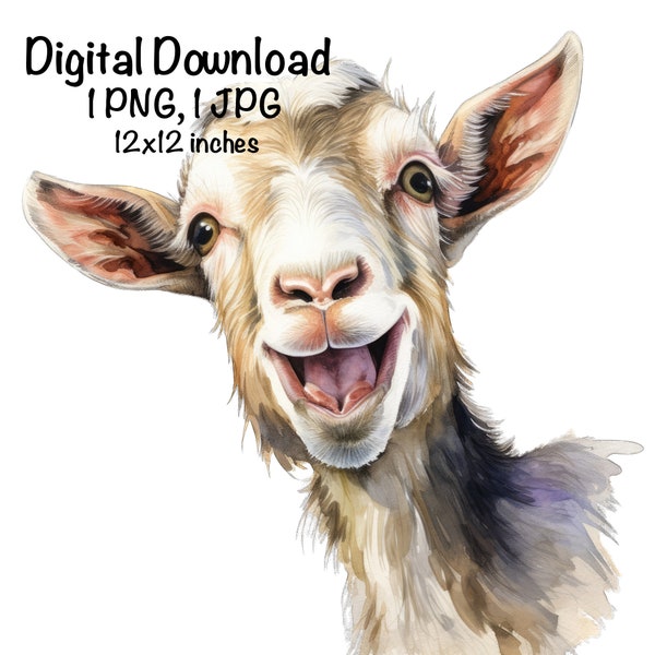 Funny Goat PNG Watercolor Clipart Cute Goat Farmer PNG Commercial Use Funny Goat Face Graphic Design Illustration Print Goat PNG