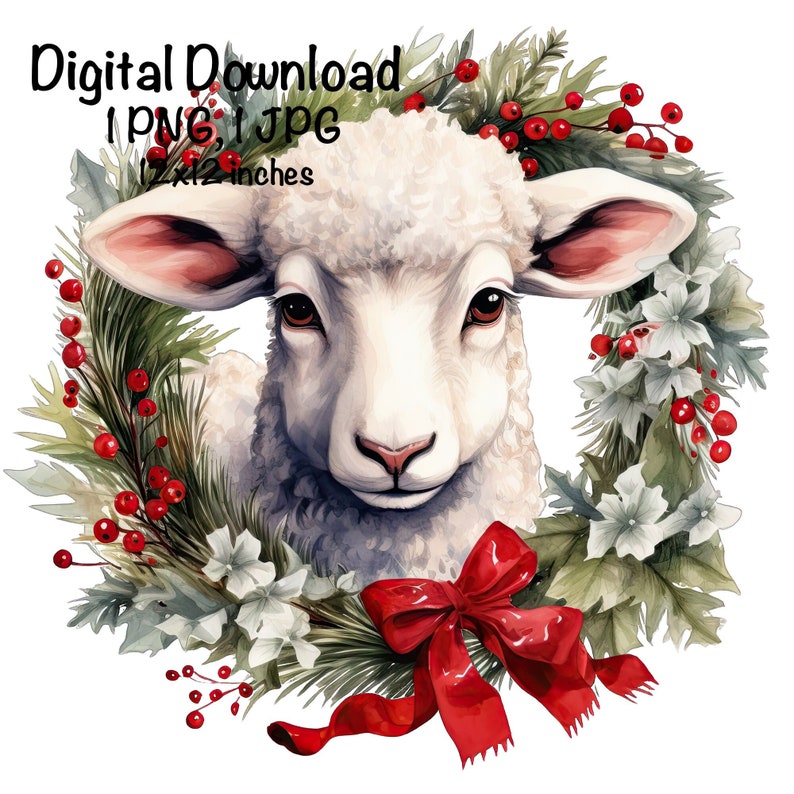 May include: A white lamb's head peeking out of a Christmas wreath with red berries, green pine branches, white flowers, and a red bow.